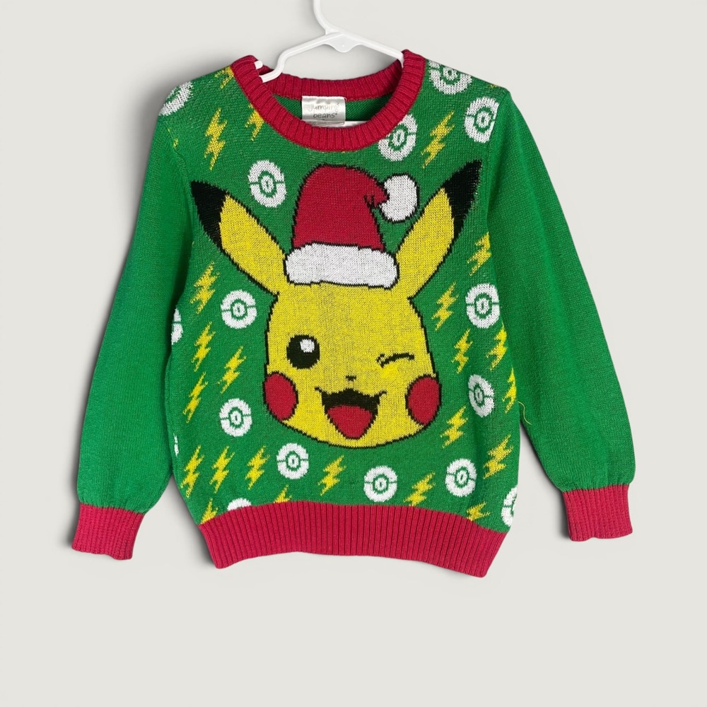 Pokemon Pikachu Boys Christmas Sweater Size 5 Holiday Knit Green Jumping Beans